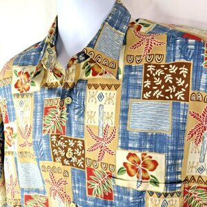 Reyn Spooner Hawaiian Shirt Men's L Aloha Patch Floral 100% Cotton Lawn Retro
